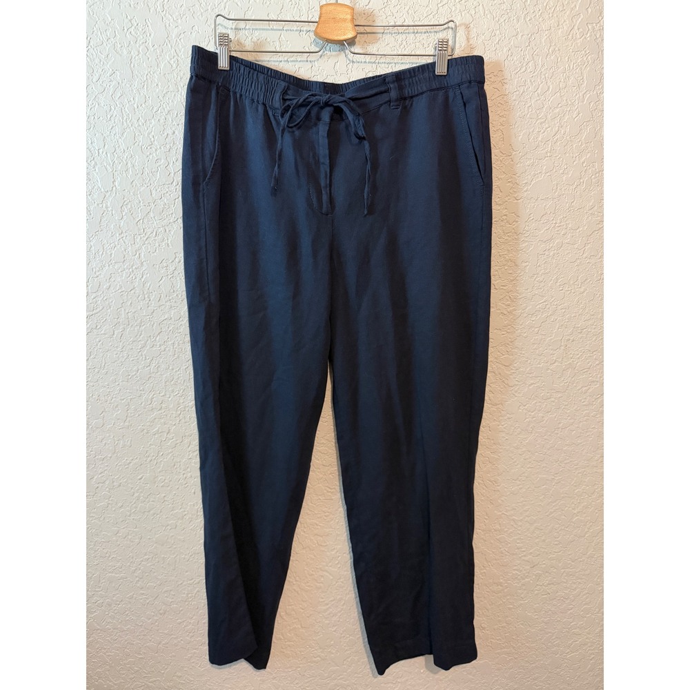 Talbots The Easy Drawstring Pant 14 Navy Blue Linen Blend Coastal Classic